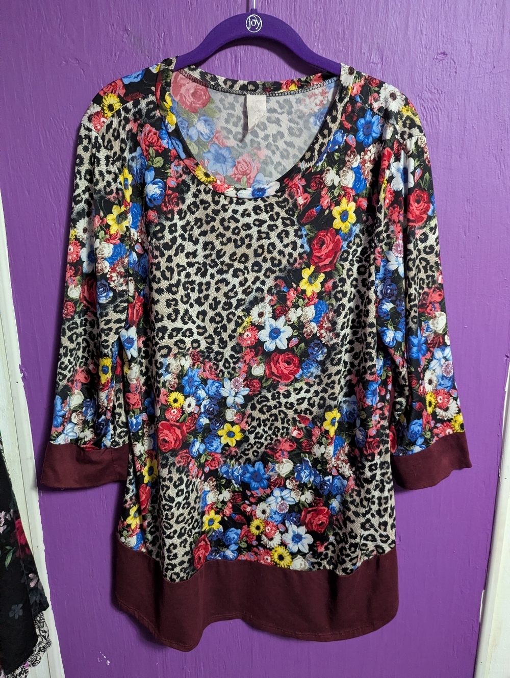 💜 Burgundy Leopard Floral Colorful Print Long 3/4 Sleeve Tunic Blouse XL 16 18